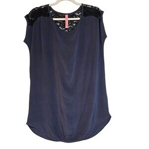 Business Office Women's Navy Sleeveless Tunic Top Black Lace Detail Lg Eight Six